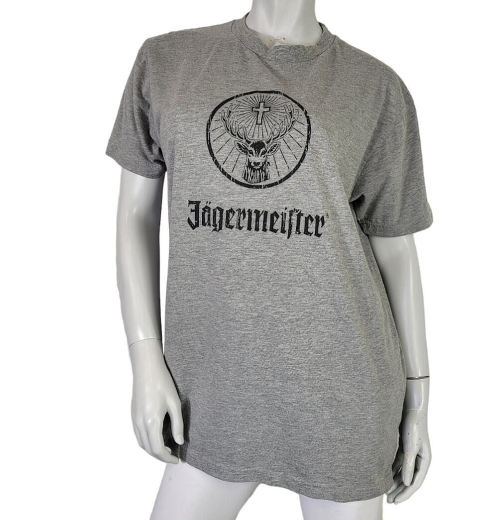 Jagermeister Unisex SZ Large Tee T Shirt Grey & Black Logo Bartender Server Bar
